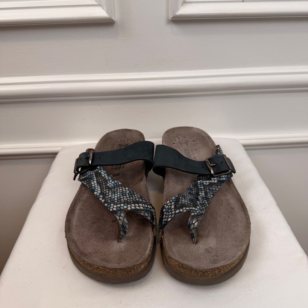 Mephisto Helen Blue Snakeskin Leather Cork Footbed Thong Sandals Womens 38